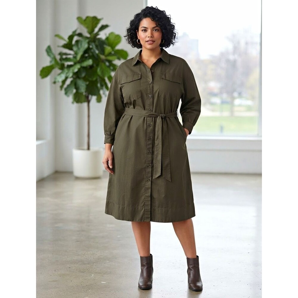 Dark Olive Green Belted Shirt Dress Pockets Minimalist Utility Military Safari